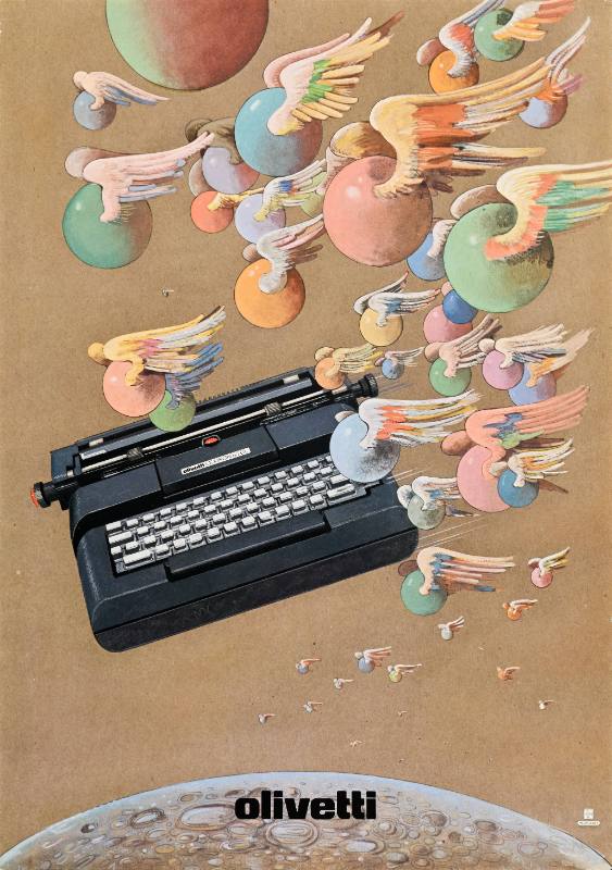 A poster of a typewriter surrounded by colorful spheres