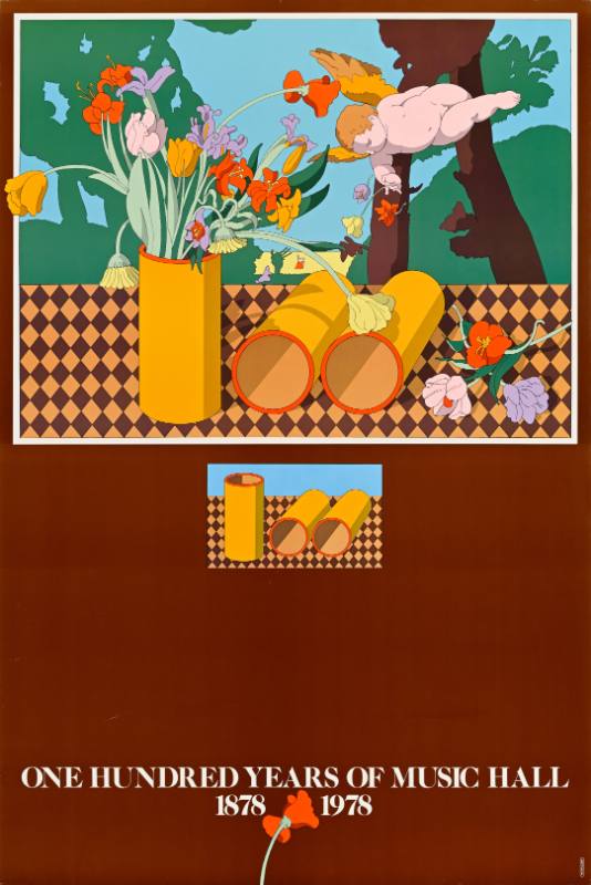 A poster of a small naked baby flying over three vases of flowers tipped over to read 