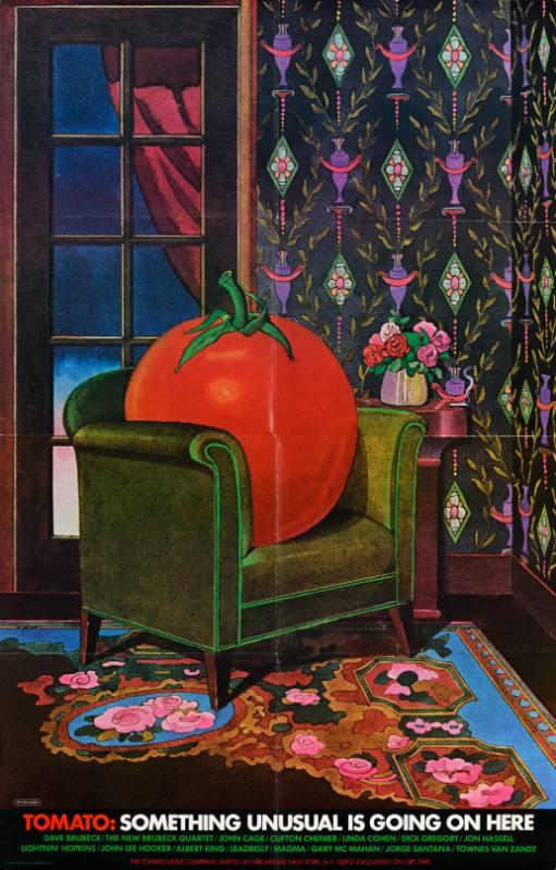 A poster of a tomato sitting in an armchair