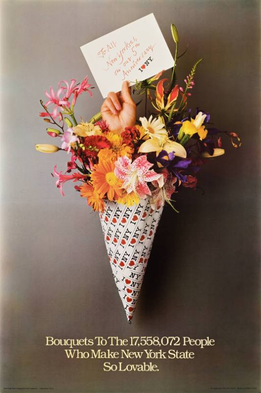A poster of a bouquet of flowers with a hand coming out of it
