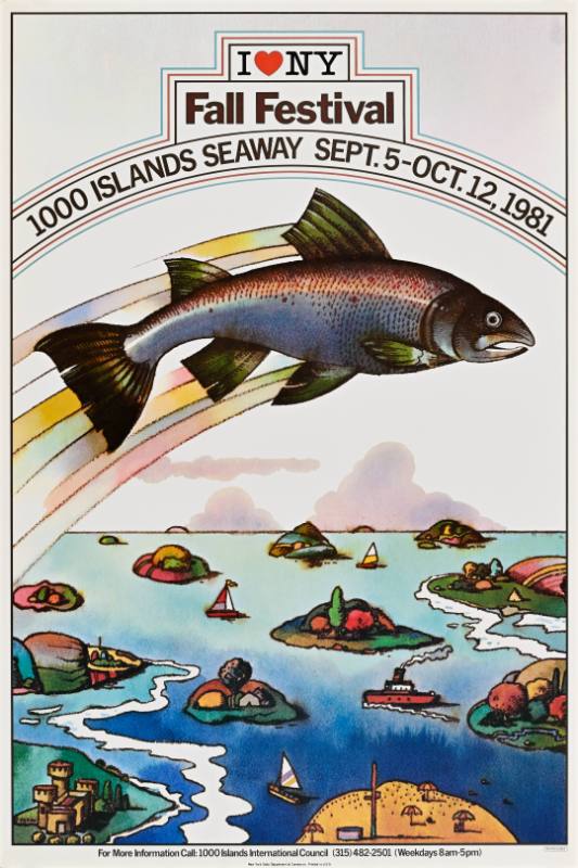 A poster of a fish leaping over a river