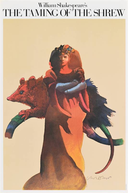 A poster of a woman in a long dress standing next to a rodent