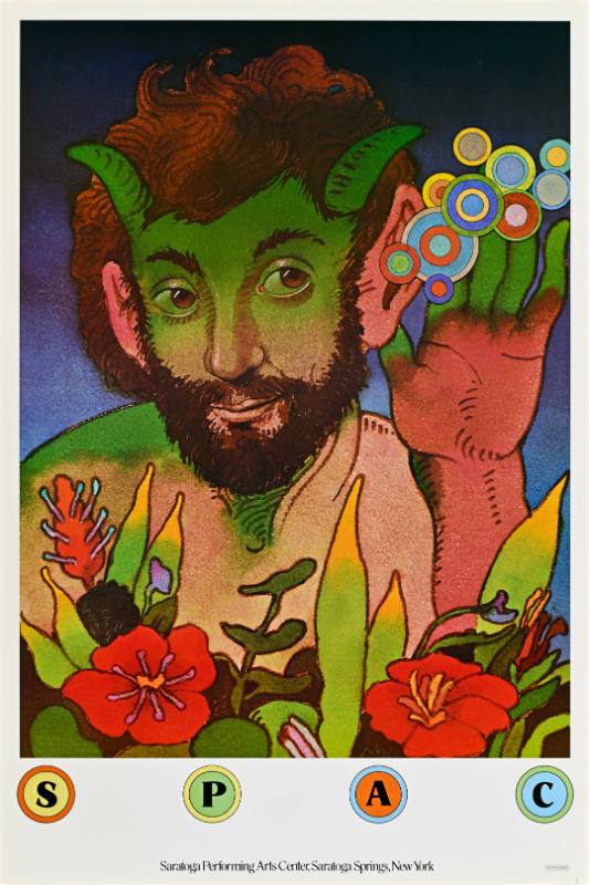 A poster of a satyr printed over colorful bubbles