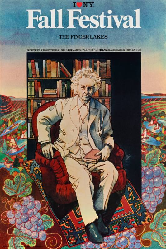 A poster of a white man sitting in an armchair