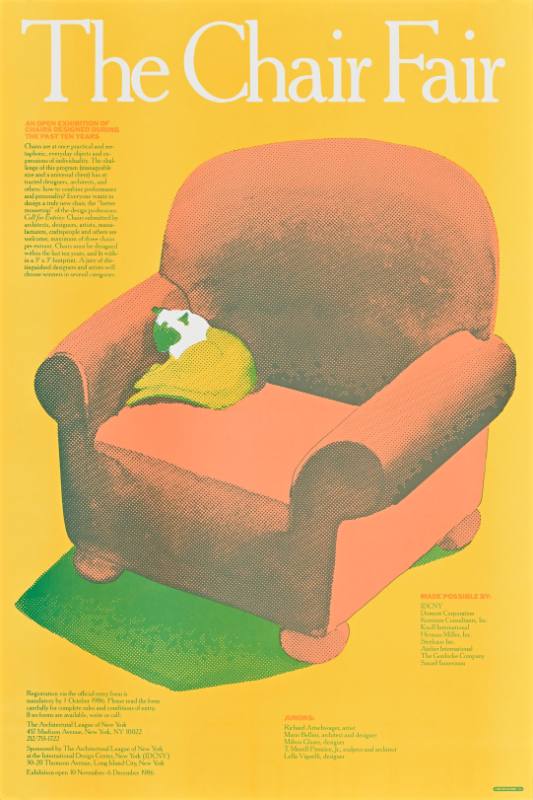 A poster of a cat curled up in a red armchair
