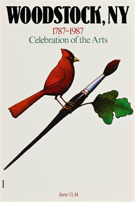 A poster of a red bird on a white background