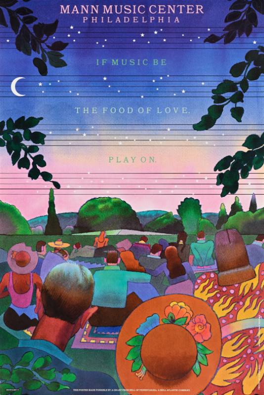 A poster of a crowd of people watching a concert on a hill