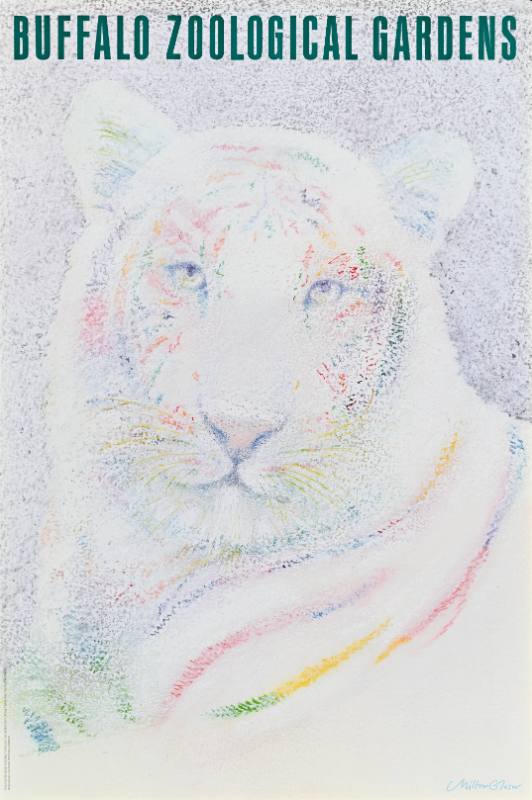 A poster of a colorful tiger on a white background