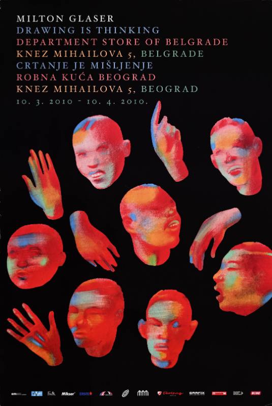 A poster of faces and hands made out of rainbow colors on a black background