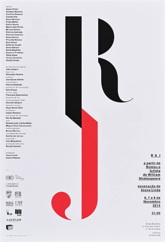 A poster of a red and black letter R and J intertwined on a white background