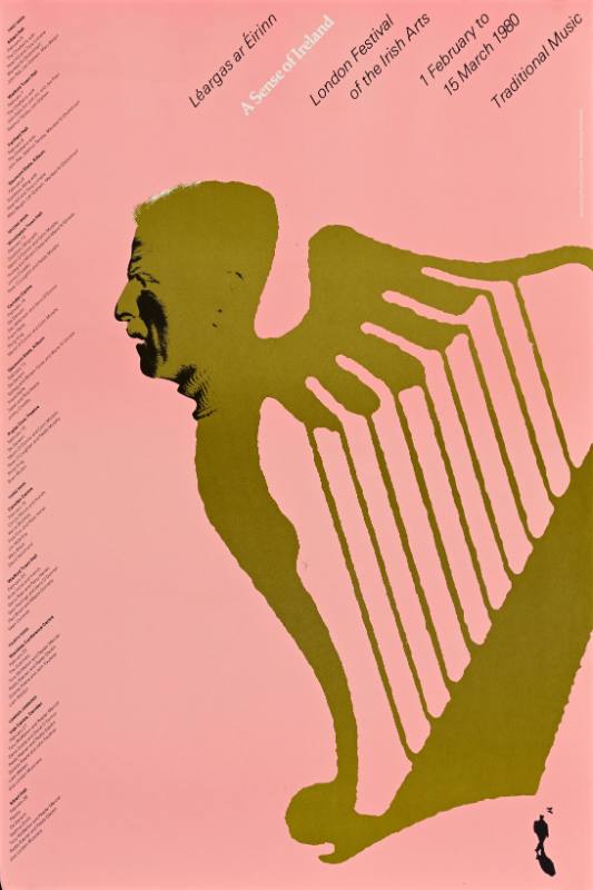 A poster of a gold harp with a man's face on a pink background