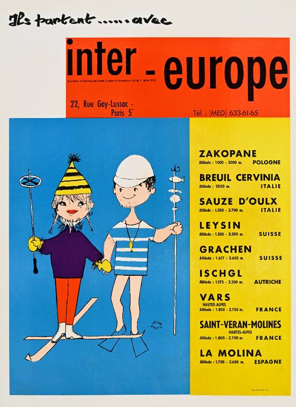 A poster of a cartoon man and woman in ski and swimming gear holding hands