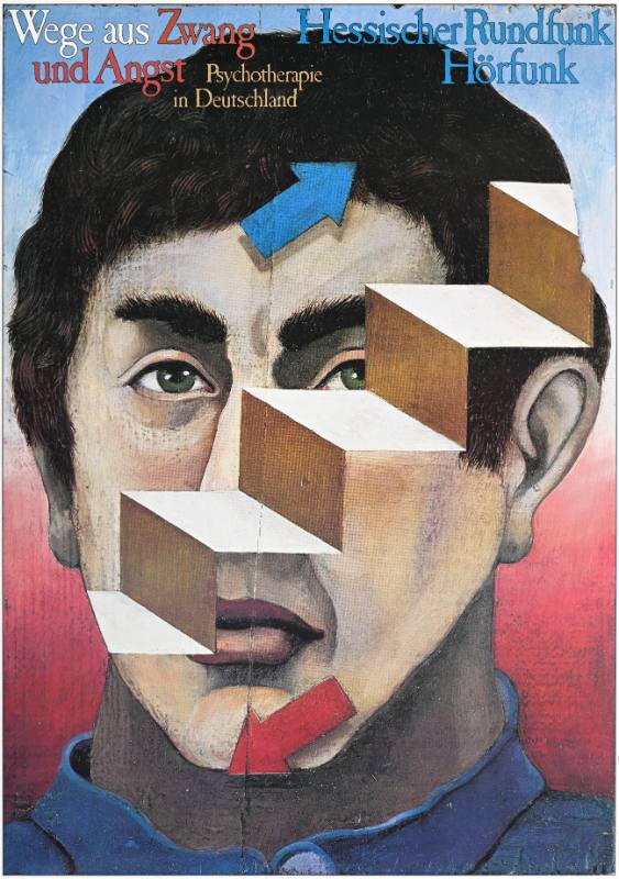 A poster of a man with a staircase across his face