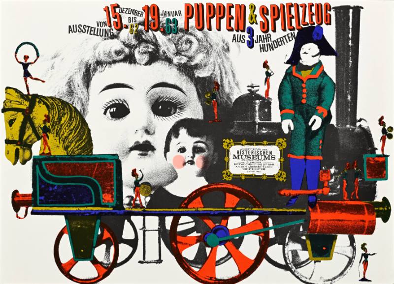 A poster of dolls layered over a toy train