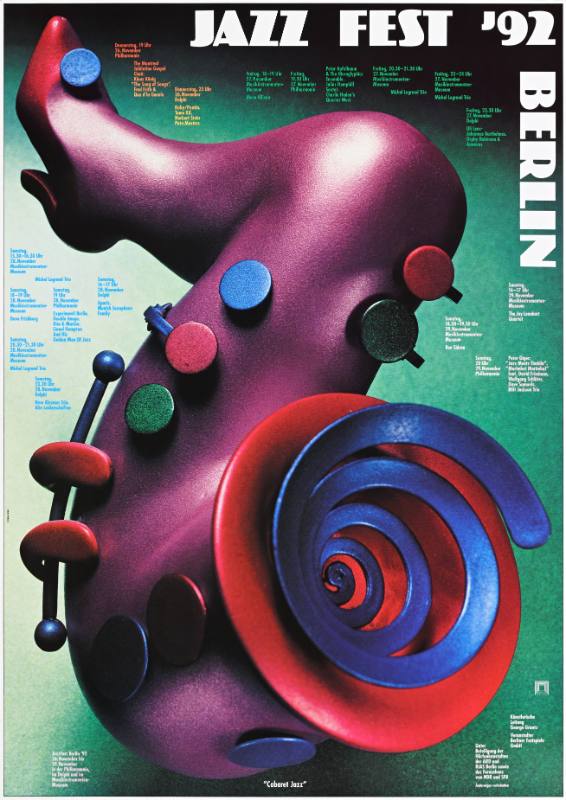 A poster of a fantastical instrument on a colorful background