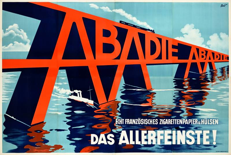 A poster of a railroad bridge in the shape of red letters over a river