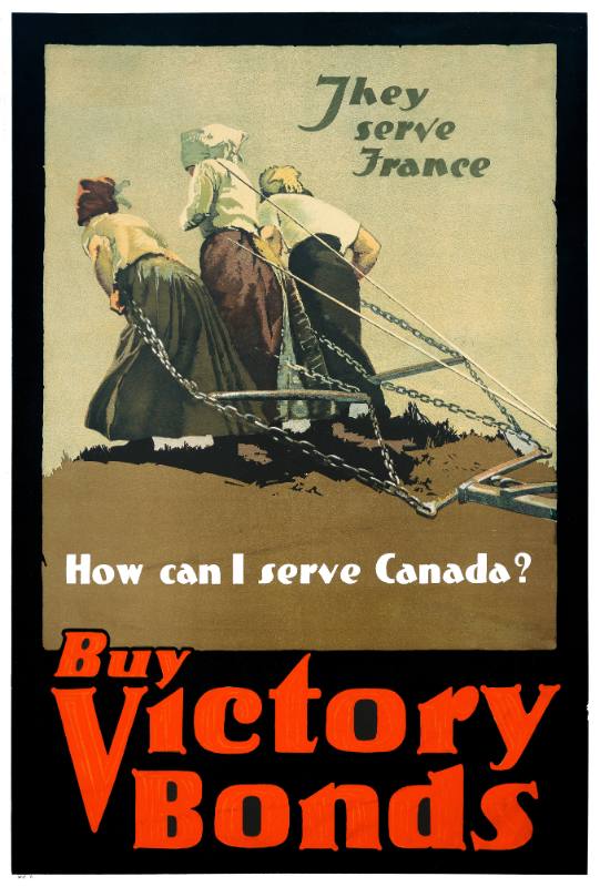 A poster of three women pulling farm equipment in a field surrounded by text.