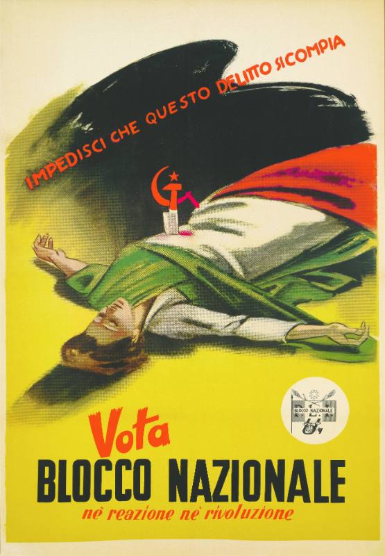 A poster of a woman dressed in the Italian flag hurt by a blade with a hammer and sickle symbol.