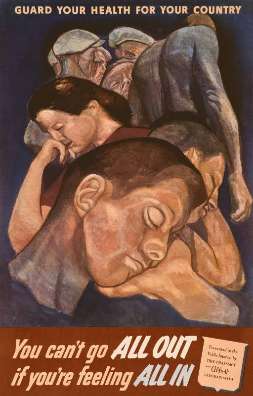 A poster of tired people with closed eyes leaning on their hands in front of men with hats.