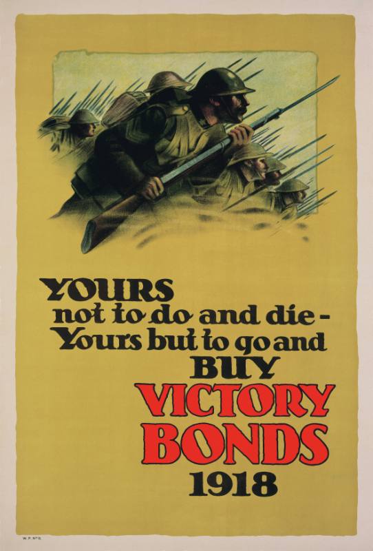 A poster of a large crowd of soldiers with guns running to the right of a battlefield.