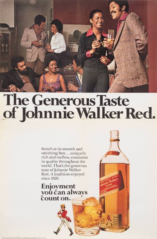 A poster of people at a house party talking above a full bottle and glass of whiskey.