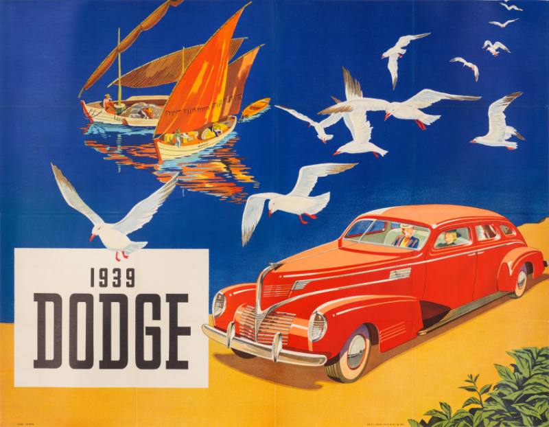 A poster of a large red and silver car below a flock of seagulls next to boats and a block of text.