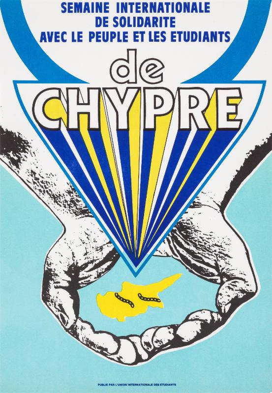 A poster of two hands cupping water with a small country and chains in the middle.