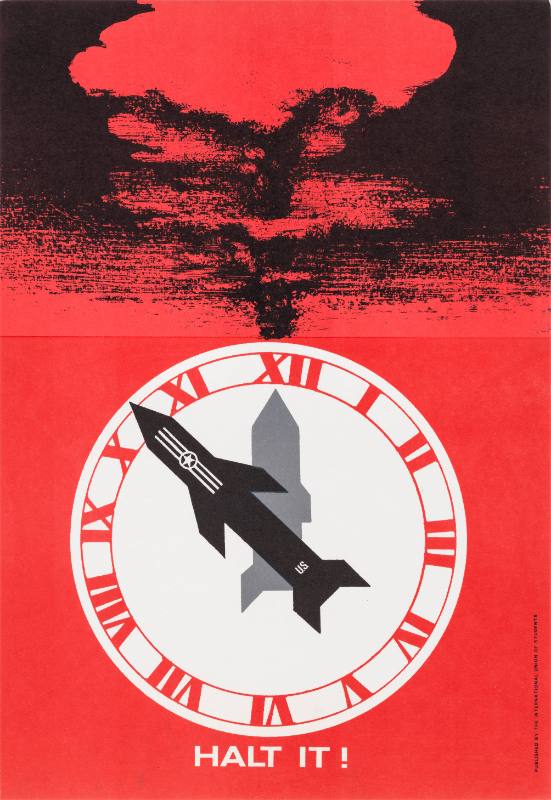 A poster of two missiles acting as hands on a clock near midnight below a red cloud and above text.