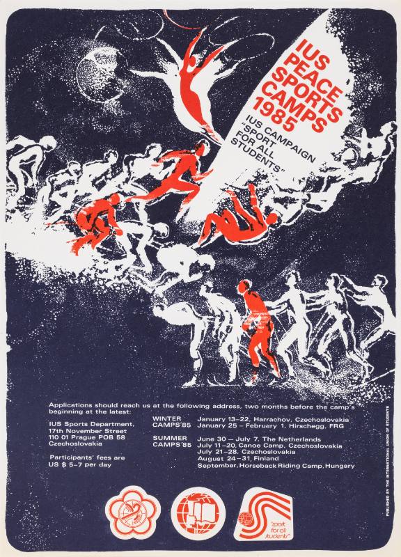 A poster of many white and red figures climbing, jumping, running, and skiing on a blue background.