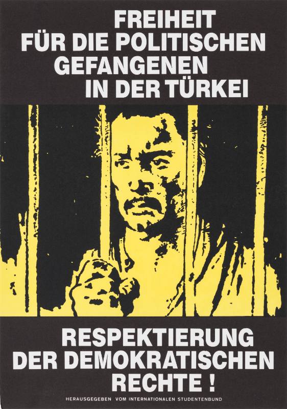 A poster of a man in jail gripping one of the bars.