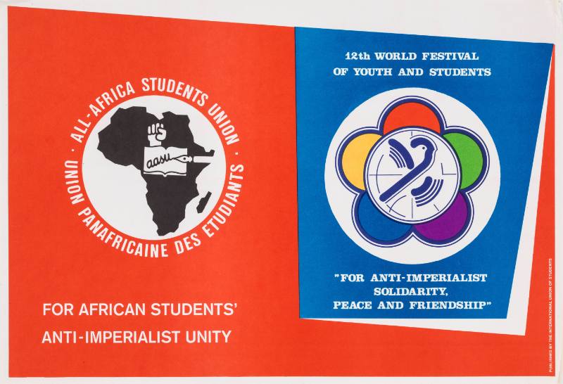 A poster of a logo of Africa behind a fist, pen, and book next to a colorful flower with a dove.