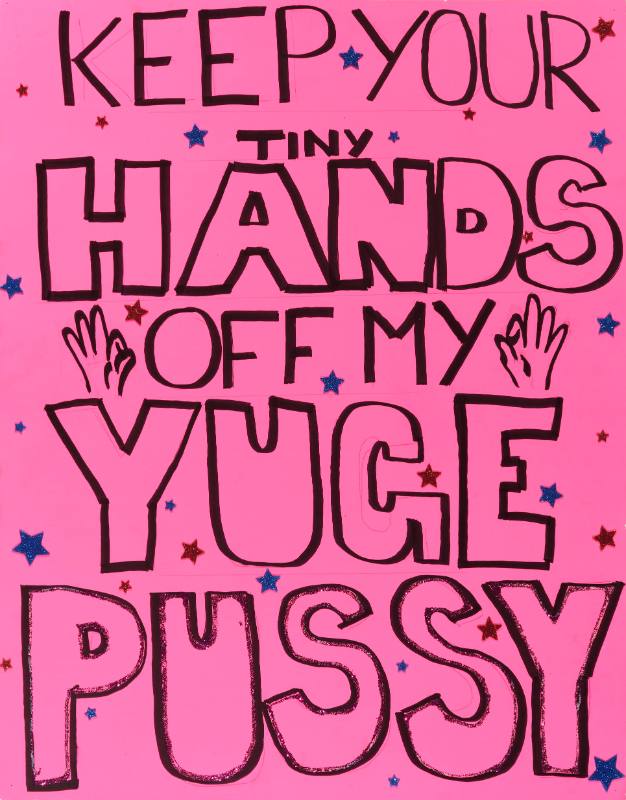 A pink text based poster with tiny hands drawn next to the text