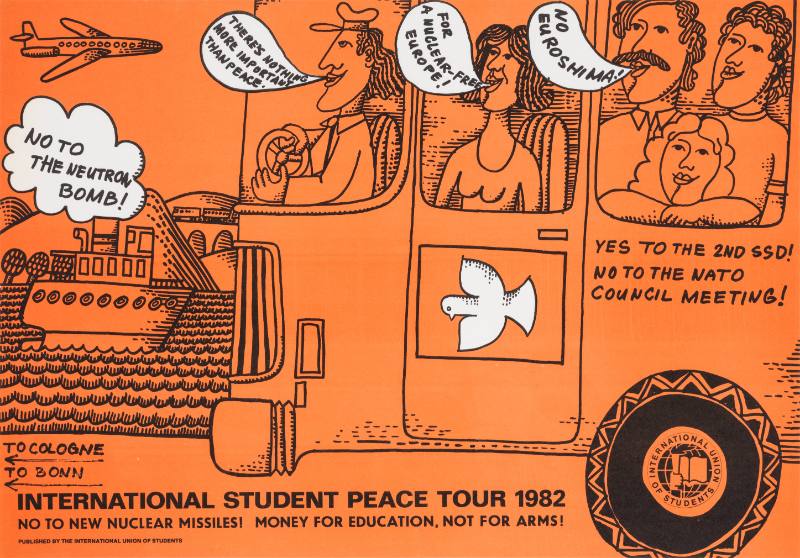 A poster of people on a bus with a dove on it in front of a ship, plane, using speech bubbles.