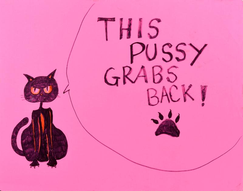 A pink poster with a drawing of a black cat and black text