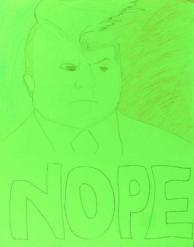 A neon green poster featuring a drawing of Donald Trump