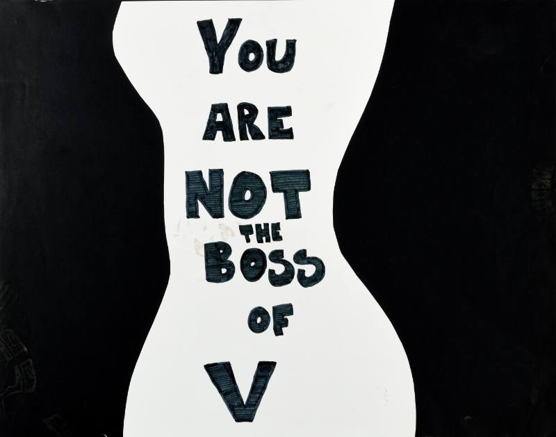 A poster featuring a drawing of a woman's torso and crotch