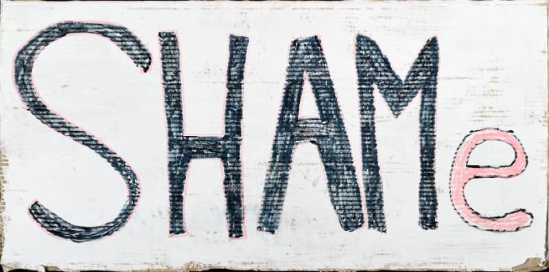 A text based poster featuring handrawn letters in black spelling sham with a small red e on a white background