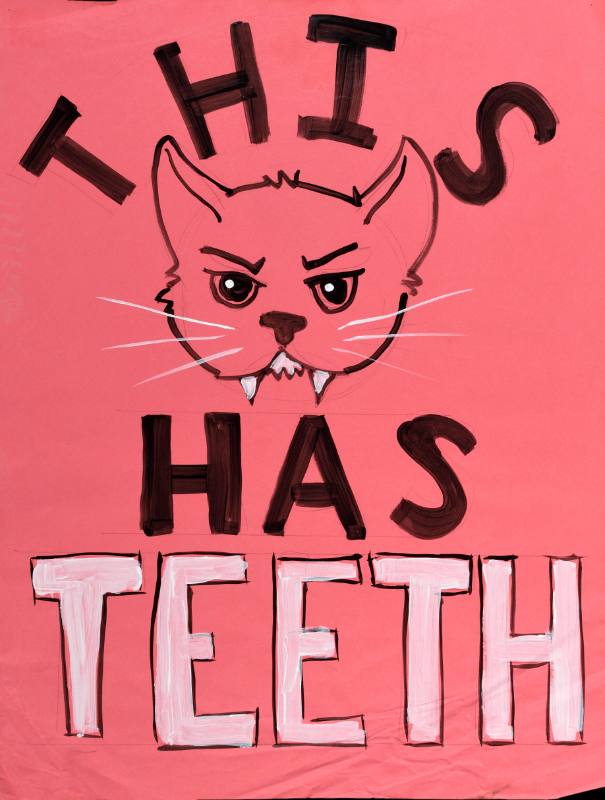 A pink poster featuring hand drawn text and a cat with fangs