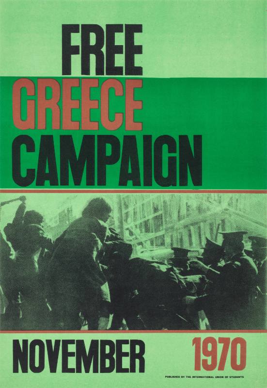 A poster of a group of civilians and a group of police with one person raising their hand.