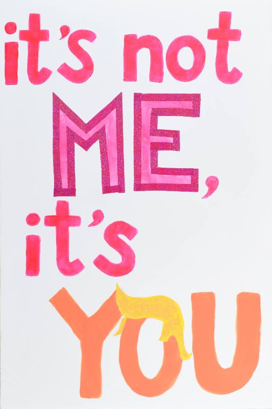 A text based poster with pink and orange text; the orange text is a caricature of Donald Trump