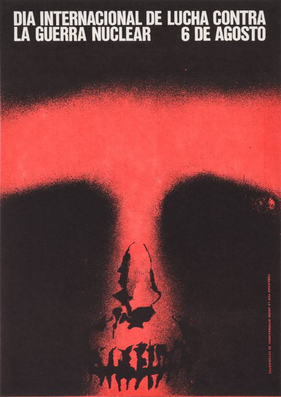 A poster with a hazy red mushroom cloud with a skull nose and teeth at the bottom.
