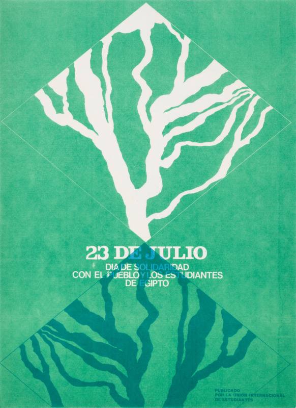 A poster of two diamond shapes with a white tree and white text overlayed by a teal tree inside.