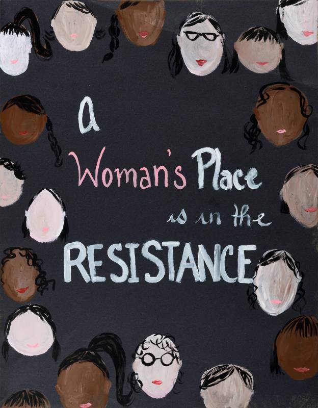 A text based poster on a black background surrounded by a border made out of women's faces of all races