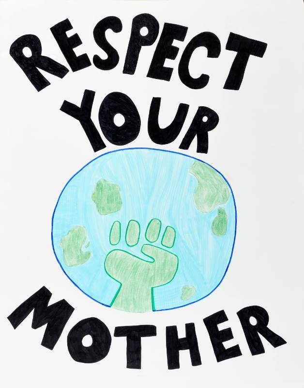 A poster of black text and a glove on a white background