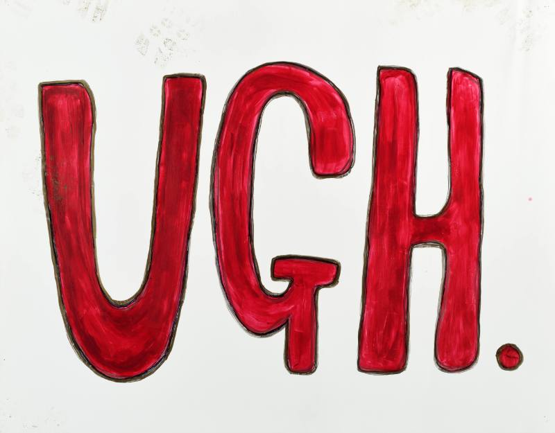 A poster of red text on a white background