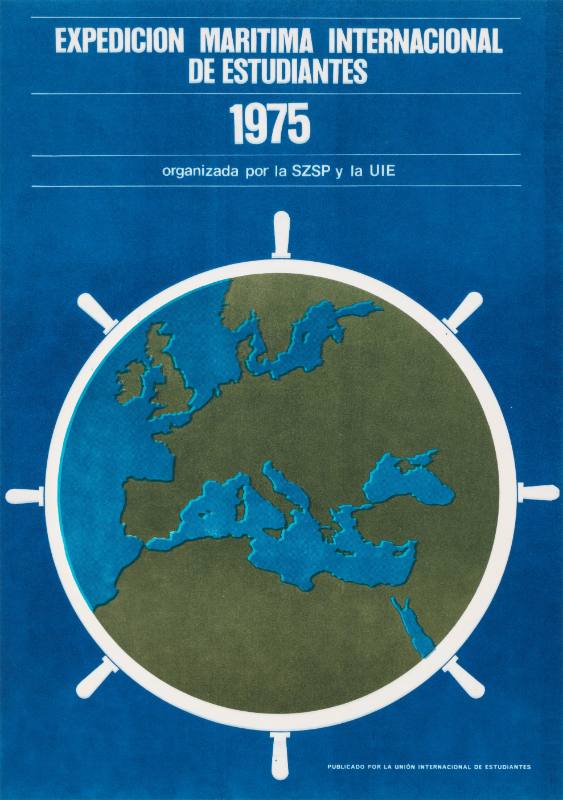 A poster of Earth inside of a large steering wheel of a ship.