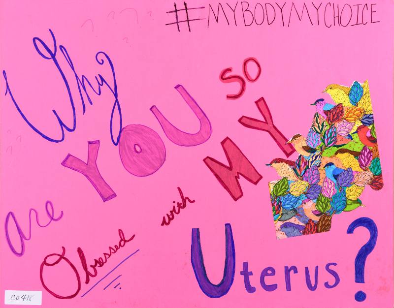 A pink poster with handwritten text and cut out images of birds and flowers