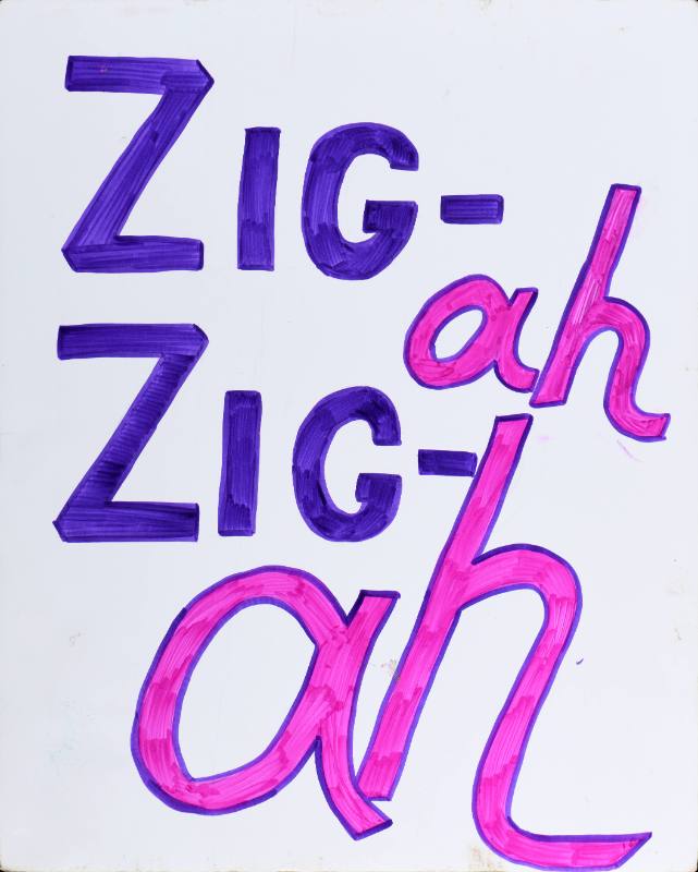 A poster with blue and pink handwritten text on a white background
