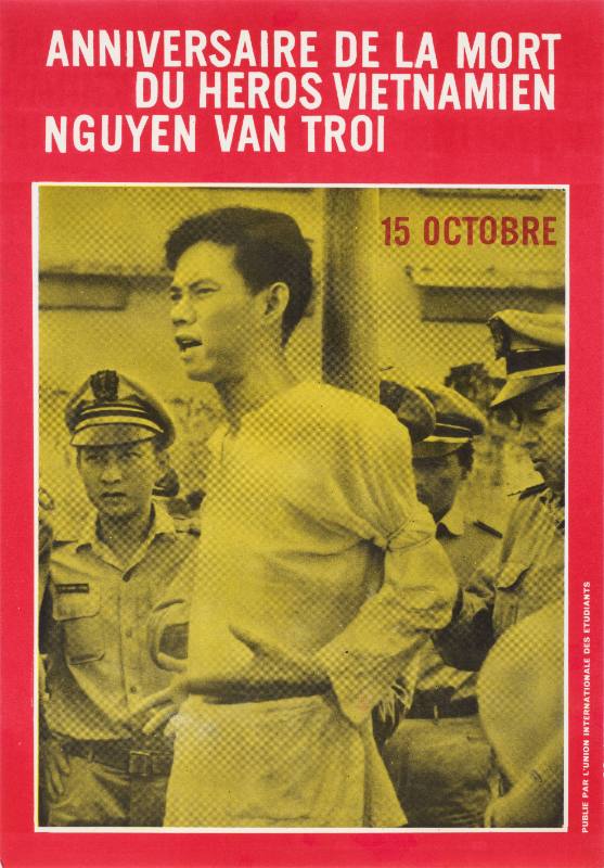 A poster of a Vietnamese man in white talking and tied to a pole surrounded by police.