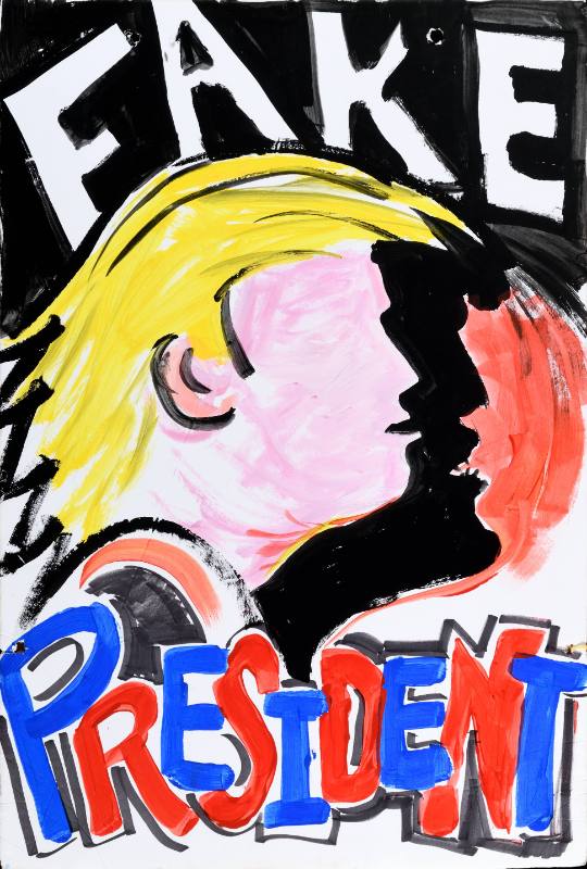 A poster of Donald Trump's profile on a black background above red and blue text